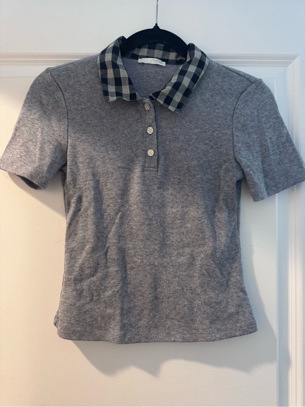 Zara Gray Short-Sleeve Polo with Plaid Collar